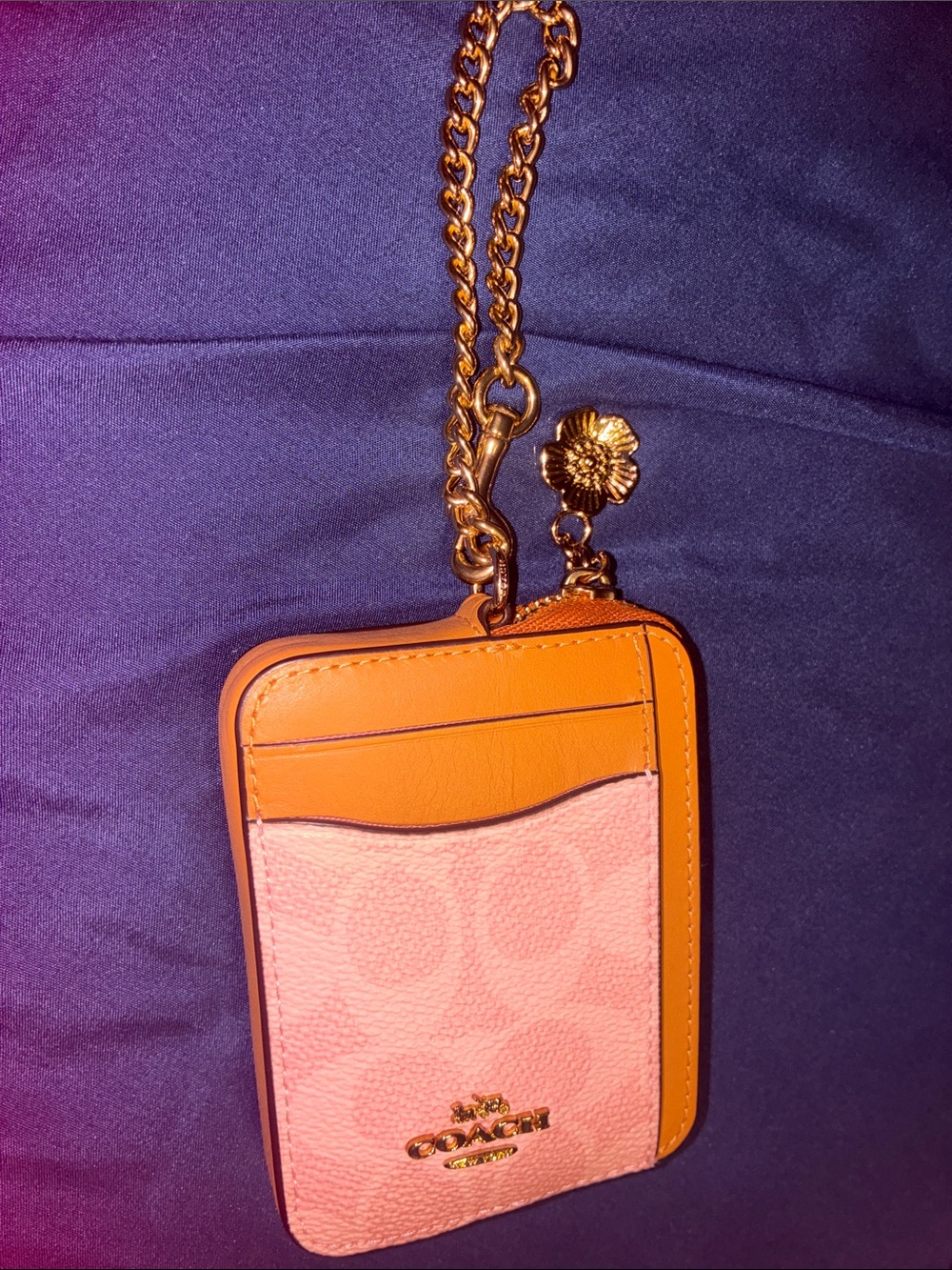 Coach Pink and Orange Leather Card Holder with Gold Chain